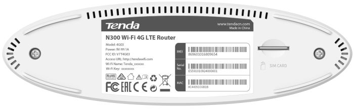 Маршрутизатор TENDA  N300, 4G/LTE, 1xFE LAN, 1xFE LAN/WAN, Cлот для SIM-карты Tenda 4G03