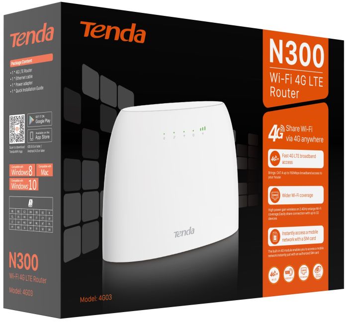 Маршрутизатор TENDA  N300, 4G/LTE, 1xFE LAN, 1xFE LAN/WAN, Cлот для SIM-карты Tenda 4G03