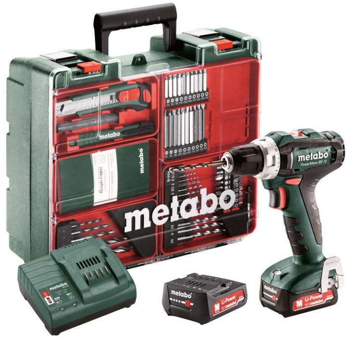 Шуруповерт-дрель аккумуляторный MetaboPowerMaxx SB 12 Set, 12В 2x2Ач, 17/40Нм, 0-360/0-1400об/мин, 1.1кг