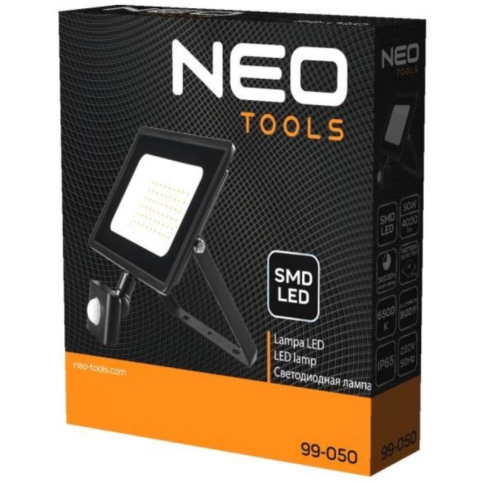 Прожектор Neo Tools, 220В, 4000лм, 50Вт, датчик руху, кабель 0.15м без вилки, алюміній, IP65