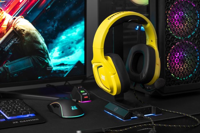 Гарнитура игровая 2E GAMING HG340, mini-jack/dual 3.5mm, RGB, 2м, жёлтый
