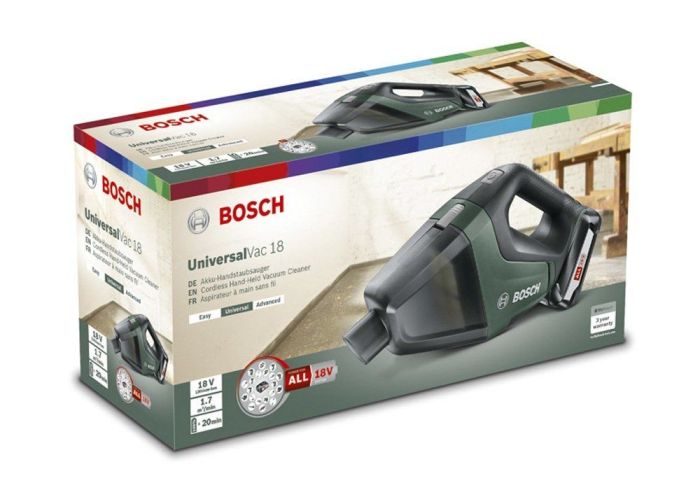 Пылесос профессиональный аккумуляторный Bosch UniversalVac 18, 18В, акб 1х2.5Ач, 9кПа, контейнер 0.5л, 1.3кг