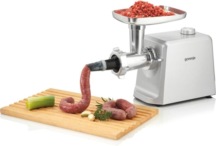 Мясорубка Gorenje, 2500Вт, 2.1кг/мин, 3 решетки, насадка для колбас, кеббе, томатов, 3 терки, пластик/металл, белый