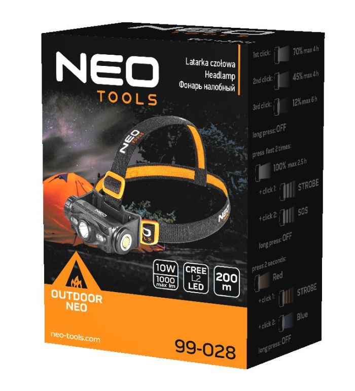 Ліхтар налобний акумуляторний Neo Tools, 2000мА·год, 1000лм, 10Вт, 6 функцій освітлення +червоне та блакитне світло, IP20