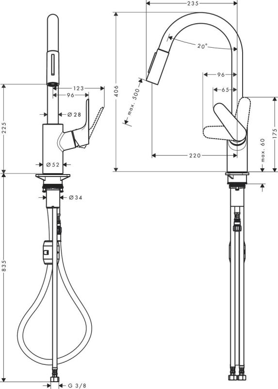 Смеситель для кухни Hansgrohe Focus, дл.излива - 235мм, вытяжной, 1 рычаг, KM240, хром