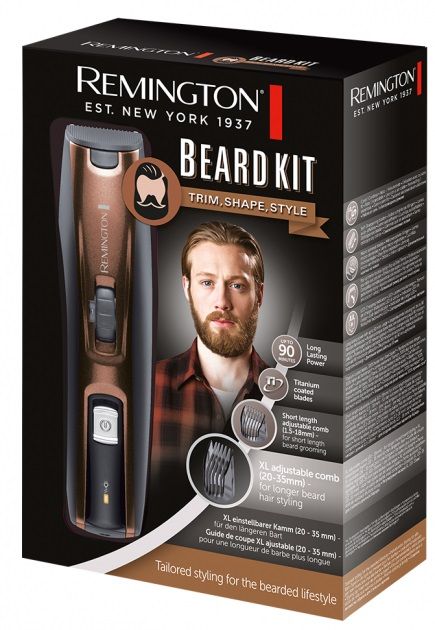 Триммер Remington Beard Kit для бороды и усов, акум., насадок-2, ножницы, щетка в компл., титан.напыл., коричневый