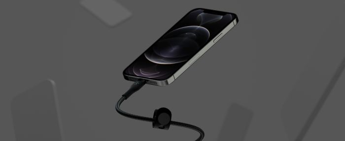 Кабель USB-C > Lightning зарядки/синхронизации Belkin 1м, Type-C, витой, силиконовый, с ремешком на магните, черный