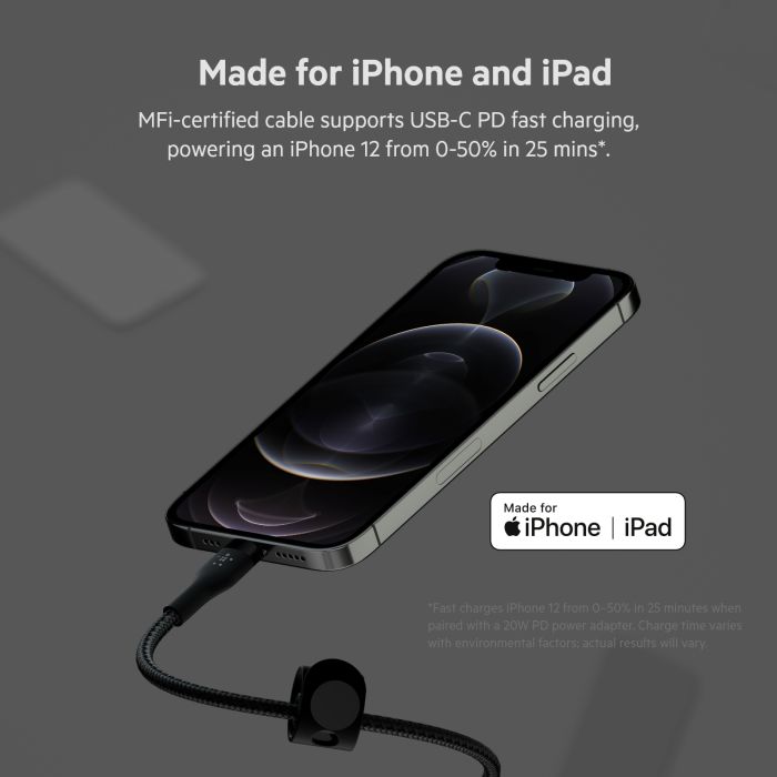 Кабель USB-C > Lightning зарядки/синхронизации Belkin 1м, Type-C, витой, силиконовый, с ремешком на магните, черный