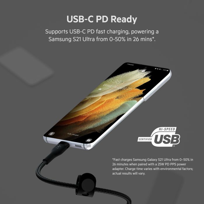 Кабель USB-C > USB-C зарядки/синхронизации Belkin 1м, 60Вт, Type-C, витой, силиконовый, с ремешком на магните, черный