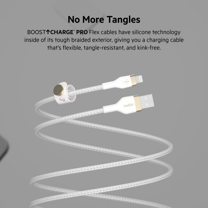 Кабель USB-A > Lightning заряджання/синхронізації Belkin 1м, плетений, силіконовий, з ремінцем на магніті, білий