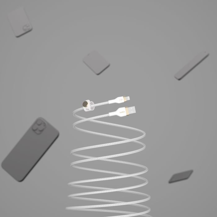 Кабель USB-A > Lightning заряджання/синхронізації Belkin 1м, плетений, силіконовий, з ремінцем на магніті, білий