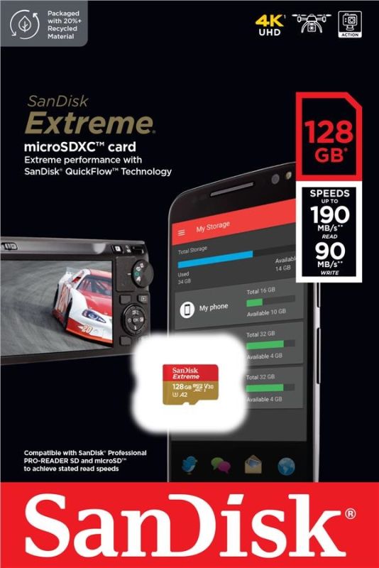 Карта памяти SanDisk microSD  128GB C10 UHS-I U3 R190/W90MB/s Extreme V30
