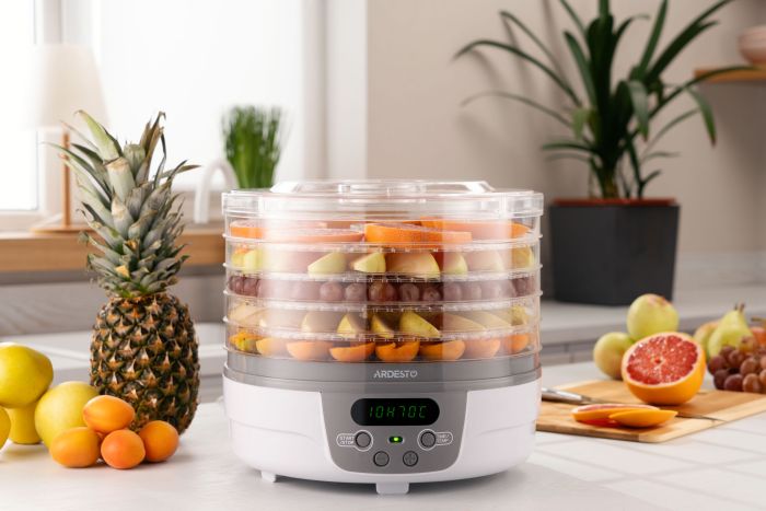 Сушарка для продуктів  Ardesto , 250Вт, піддонів -5x3см, діаметр-32см, макс-70°С, таймер, електр. управління, пластик , білий ARDESTO FDB-5321T