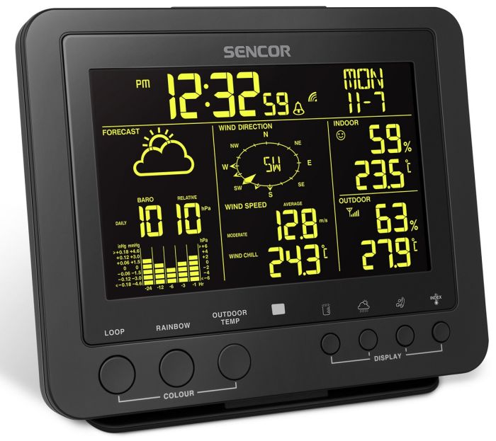 Метеостанція Sencor, внутр/зовн вимірювання, від мережі/CR2032x1+AAx3, темп-ра, вологість, час, прогноз погоди, атмосферний тиск, шв. вітру, чорний