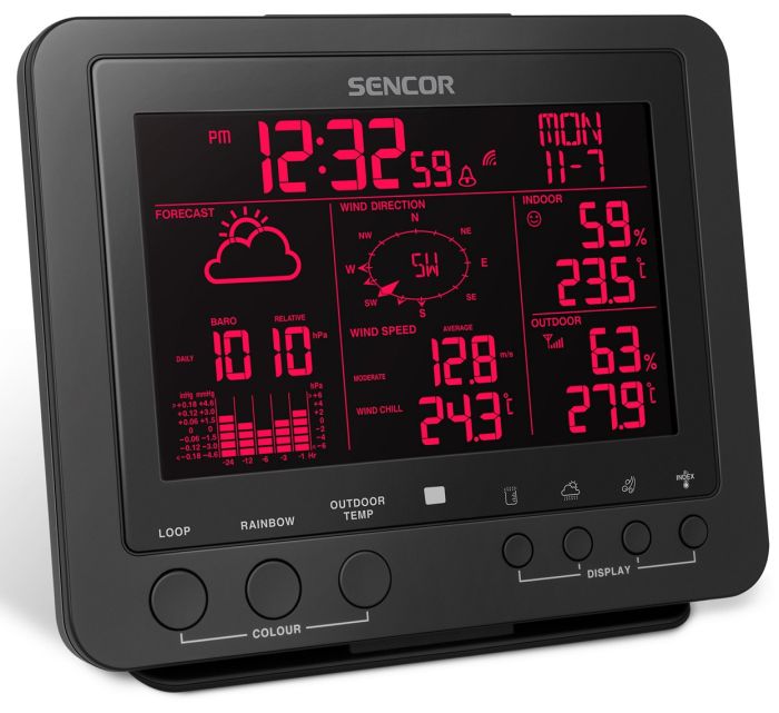Метеостанція Sencor, внутр/зовн вимірювання, від мережі/CR2032x1+AAx3, темп-ра, вологість, час, прогноз погоди, атмосферний тиск, шв. вітру, чорний