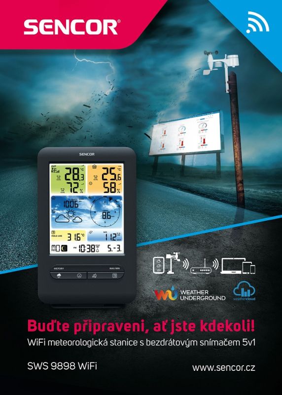 Метеостанция Sencor, внутр/наруж измерение, от сети/CR2032x1+AAx3, темп-ра, влажность, время, прогноз погоды, атм. давление, скор. ветра, чёрный