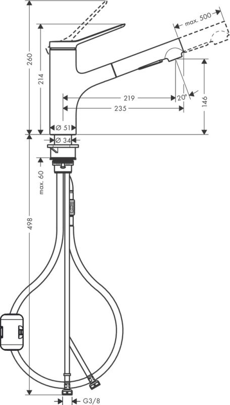 Смеситель для кухни Hansgrohe Zesis M33, дл.излива - 219мм, вытяжной, 1 рычаг, KM150, хром