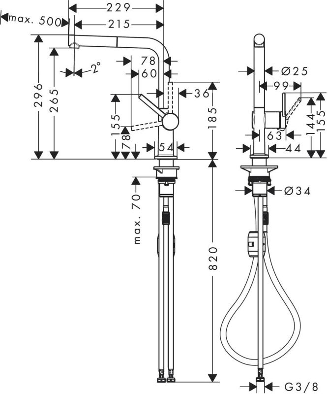 Смеситель для кухни Hansgrohe Talis M54, дл.излива - 215мм, вытяжной, 1 рычаг, KM270, сталь