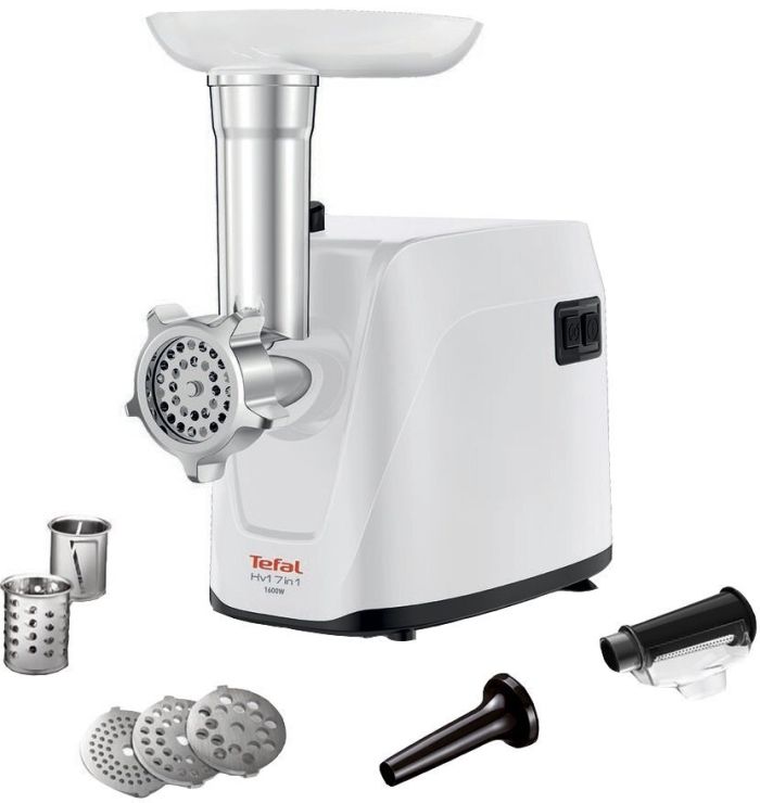 Мясорубка Tefal HV1 7in1, 1600Вт, 1.9кг/мин, 3 решетки , насадка для колбас, томатов, 2 терки, пластик, белый