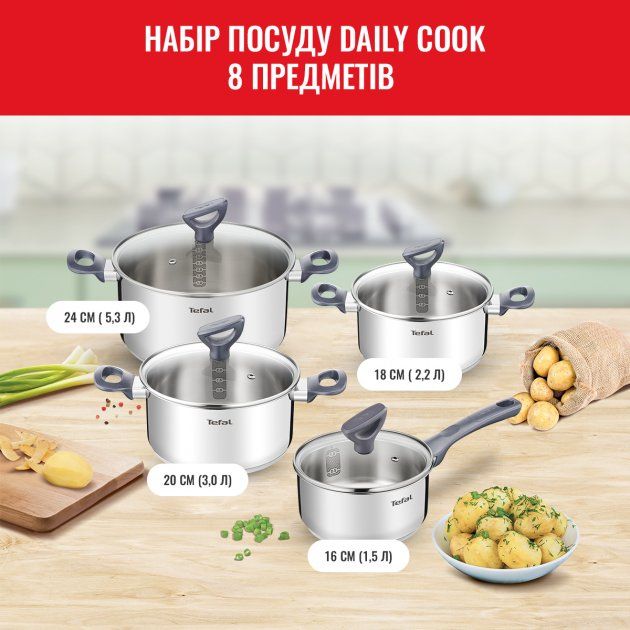 Набор посуды Tefal Daily Cook, 8 предметов, нержавеющая сталь, бакелит, стекло