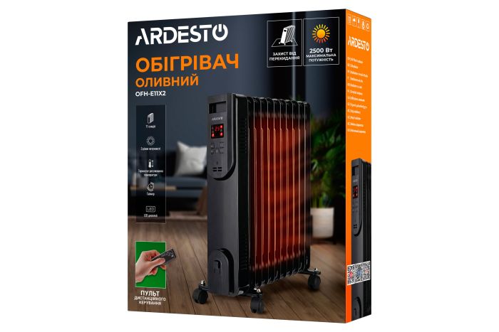Масляный радиатор ARDESTO, 25м2, 2500Вт, электр. упр-ние, 11 секций, пульт ДУ, чёрный