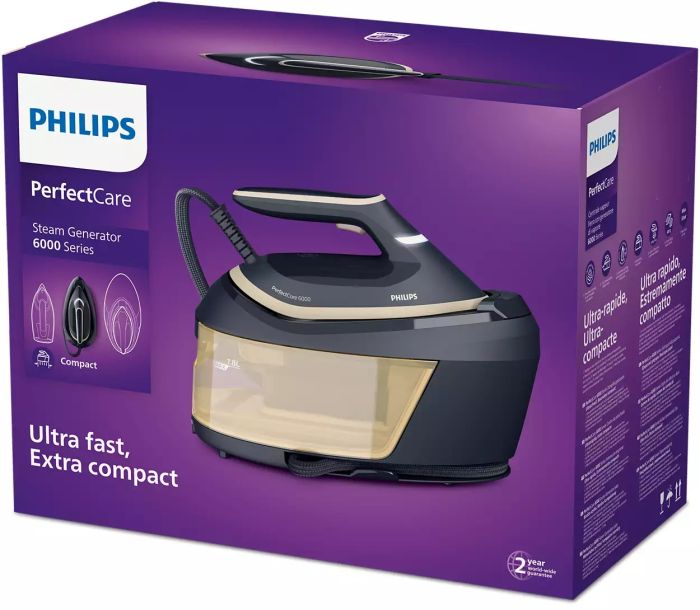 Утюг-парогенератор Philips PerfectCare 6000 Series, 2400Вт, 1800мл, паровой удар -600гр, постоянный пар - 130гр, нерж. сталь, сине-золотой