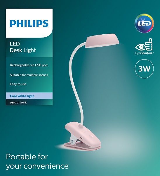 Лампа настільна з акумулятором Philips Donutclip 3Вт 4000K 1200мАг USB-A рожевий