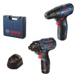 Набір із двох акумуляторних інструментів Bosch Professional 12В дриль-шурупокрут GSR 120-LI гайковерт ударний GDR 120-LI акб 2х2А·год кейс