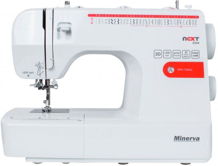 Швейна машинка MINERVA NEXT 532A, електромех., 85 Вт,  32 швейних операцій, петля автомат, 85Вт, білий+червоний