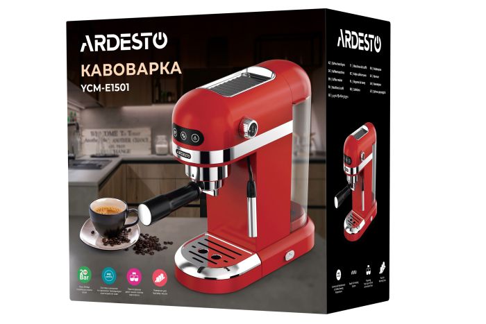 Кофеварка Ardesto рожковая 1.4л, молотый, ручной капучинатор, подогрев чашек, красный