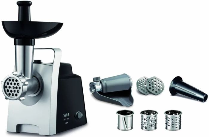 М'ясорубка Tefal HV1 7in1, 1400Вт, 1.7кг/хв, 2 решітки, насадка для ковбас, томатів, 3 терки, пластик, чорний