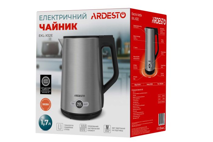 Электрочайник Ardesto Steel Collection 1.7л, Strix, LED дисплей, двойные стенки, серебристый