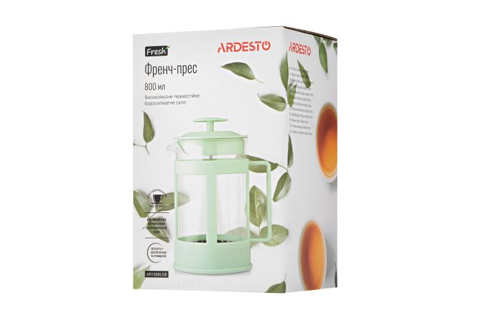 Френч-пресс Ardesto Fresh, 800мл, боросиликаное стекло, пластик, прозрачный, зеленый светлый