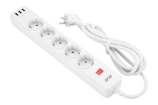 Подовжувач-фільтр мережевий 2E 5xТип F, 3x1.5мм кв, 16A, 3xUSB-A, з захистом від перенапруги, 2м, білий