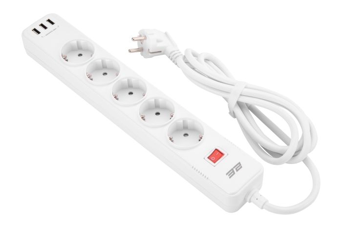 Подовжувач-фільтр мережевий 2E 5xТип F, 3x1.5мм кв, 16A, 3xUSB-A, з захистом від перенапруги, 2м, білий