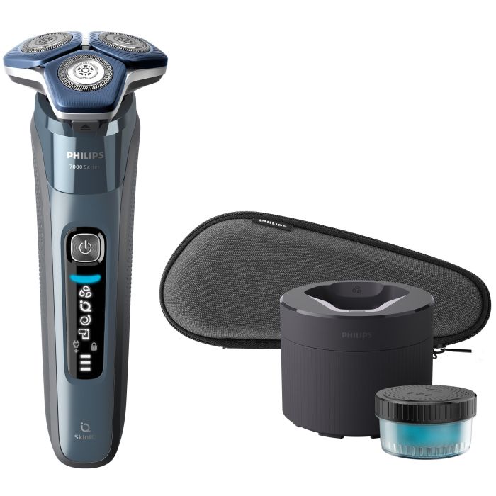 Бритва електр. Philips роторна Series 7000, 9Вт,  бритв.головок-3, Li-Ion, сух.+волог., тример, чохол, Bt., сіро-синій