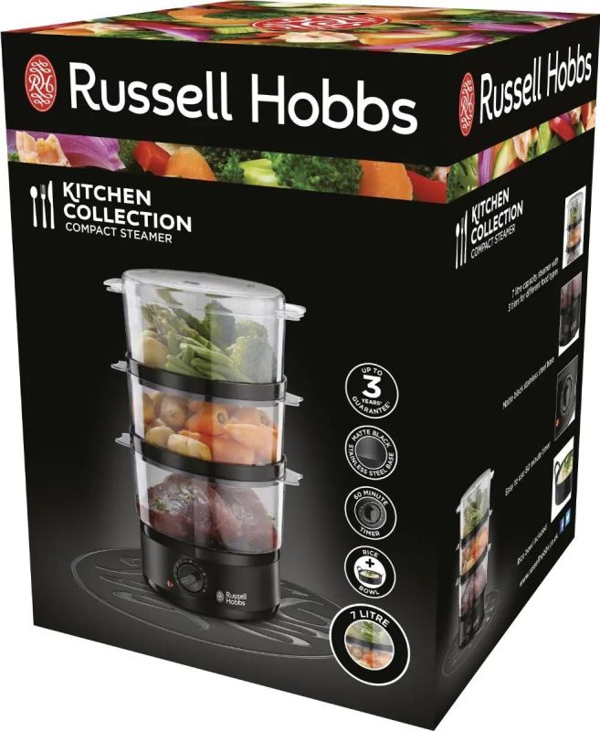 Пароварка Russell Hobbs Kitchen Collection 400Вт, чаша-2.3/3.3л, резервуар для воды -0.5л, механическое управл., 3 яруса, пластик, черный