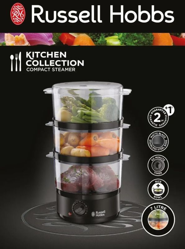 Пароварка Russell Hobbs Kitchen Collection 400Вт, чаша-2.3/3.3л, резервуар для воды -0.5л, механическое управл., 3 яруса, пластик, черный