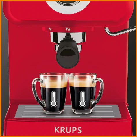 Кофеварка Krups рожковая Opio 1.5л, молотый, ручной капучинатор, подогрев чашек, красный