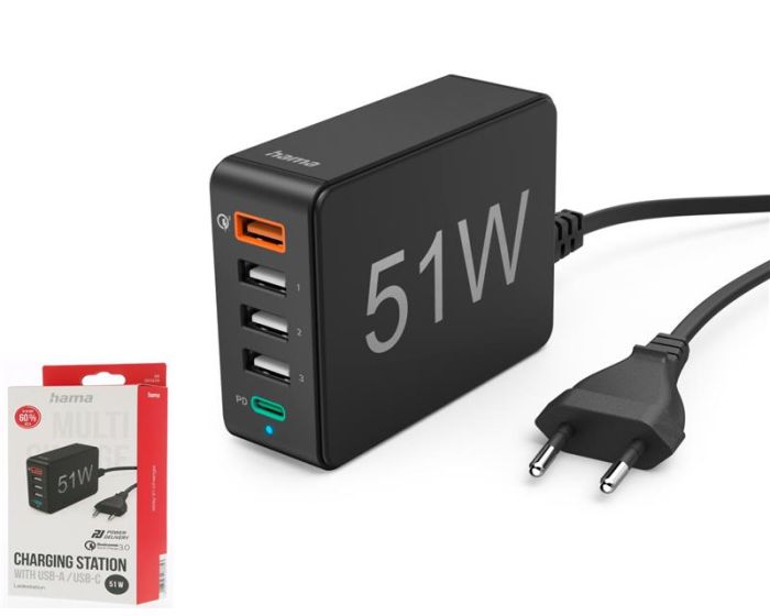Зарядное устройство сетевое Hama 51Вт 4хUSB-А/1хUSB-С PD, QC, черный