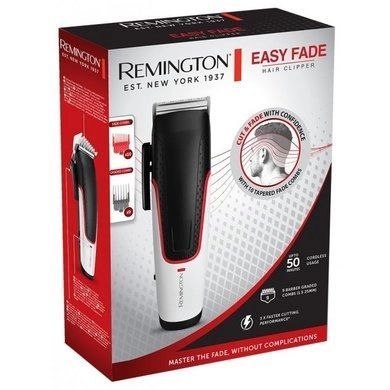 Машинка для стриження  Remington E51 Easy Fade Hair Clipper, мережа+акум., роторний мотор, насадок-3, кейс, титан.напил., чорн-біл