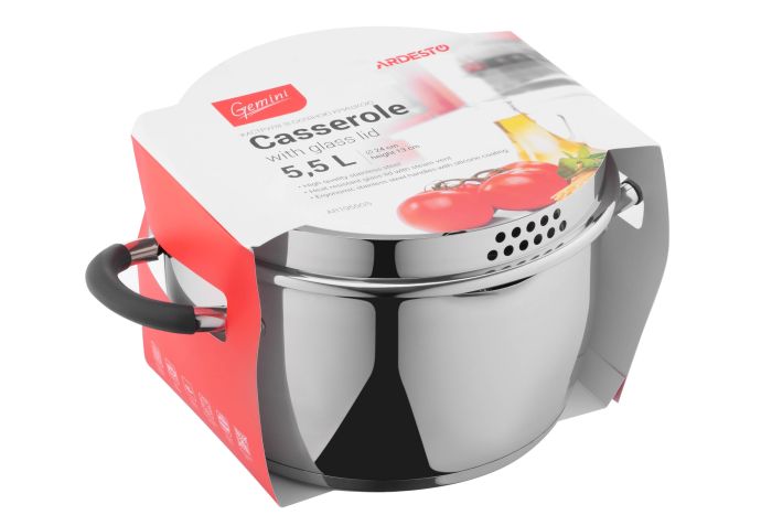 Каструля зі скляною кришкою та зливом Ardesto Gemini Livorno, 5.5л, нержавіюча сталь, силікон