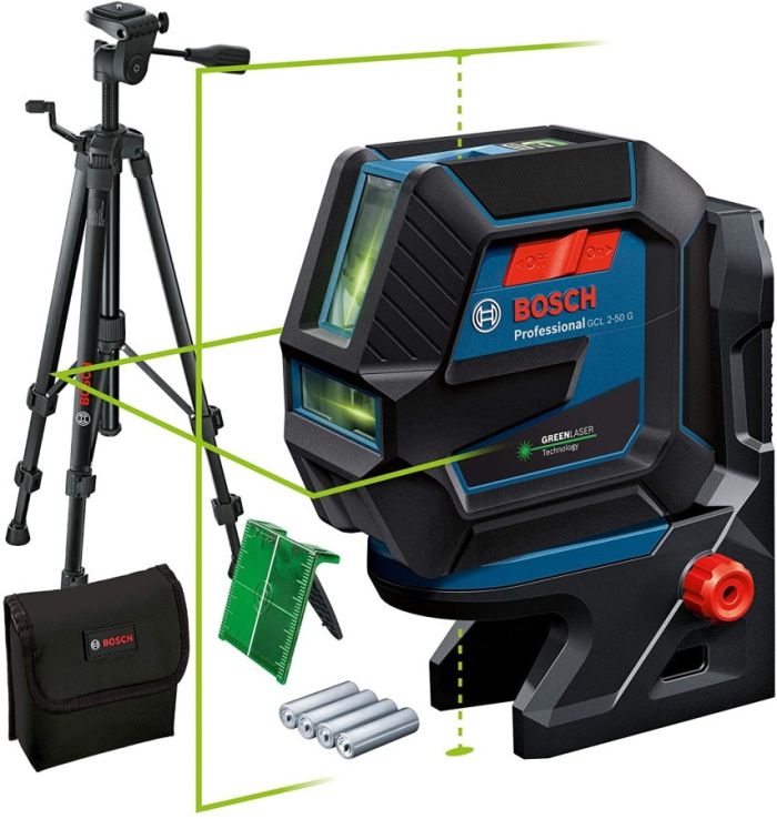Нівелір лазерний Bosch Professional GCL 2-50 G, до 15м, ±0.3мм/м, з штативом BT 150, тримачем RM 10, чохлом, мішенню, 0.58кг