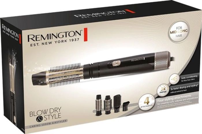 Фен-щітка Remington Blow Dry & Style Caring, 1000Вт, 2 режими, іоніз-я, хол. обдув, чохол, кераміка, чорно-золотий