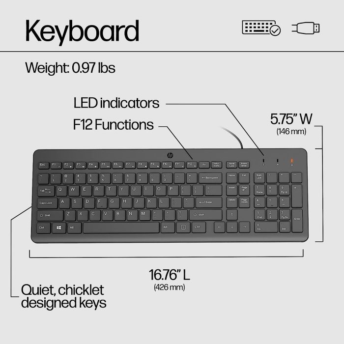 Клавиатура мембранная HP 150, 104key, USB-A, EN/RU, чорний