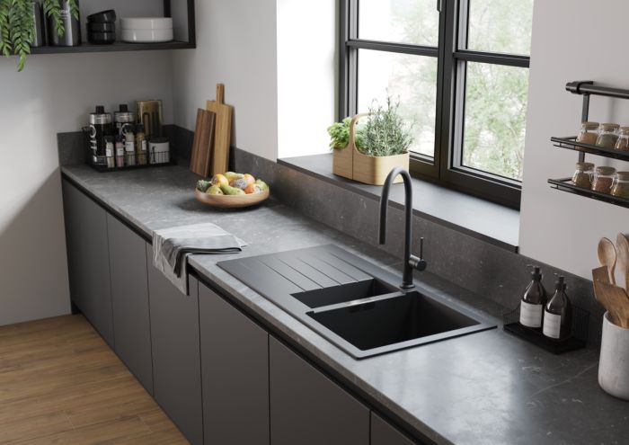 Мийка кухонна Hansgrohe S52, граніт, прямокутник, з крилом, 980х480х190мм, чаша - 1.5, врізна, сірий камінь