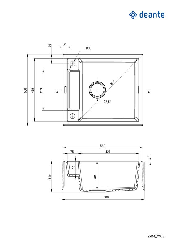 Мийка кухонна Deante Magnetic, граніт, квадрат, без крила, 560х500х219мм, чаша - 1, врізна, сірий