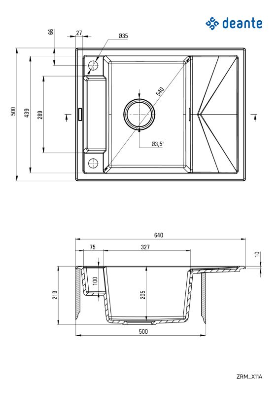Мойка кухонная Deante Magnetic, гранит, прямоуг., с крылом, 640х500х219мм, чаша - 1, врезная, антрацит