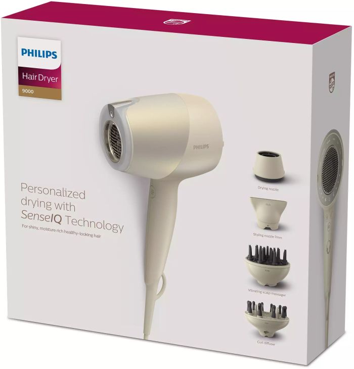 Фен Philips 9000 Series SenseIQ, 1800Вт, 3 режими, дифузор, іоніз-я, хол. обдув, турбо, золотий