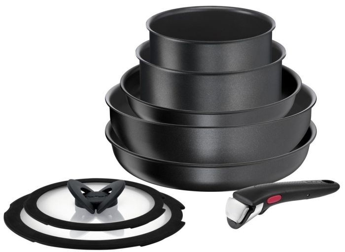 Набор посуды Tefal Ingenio Daily Chef, сменная ручка, 8 предметов, алюминий, бакелит, силикон, стекло, черный